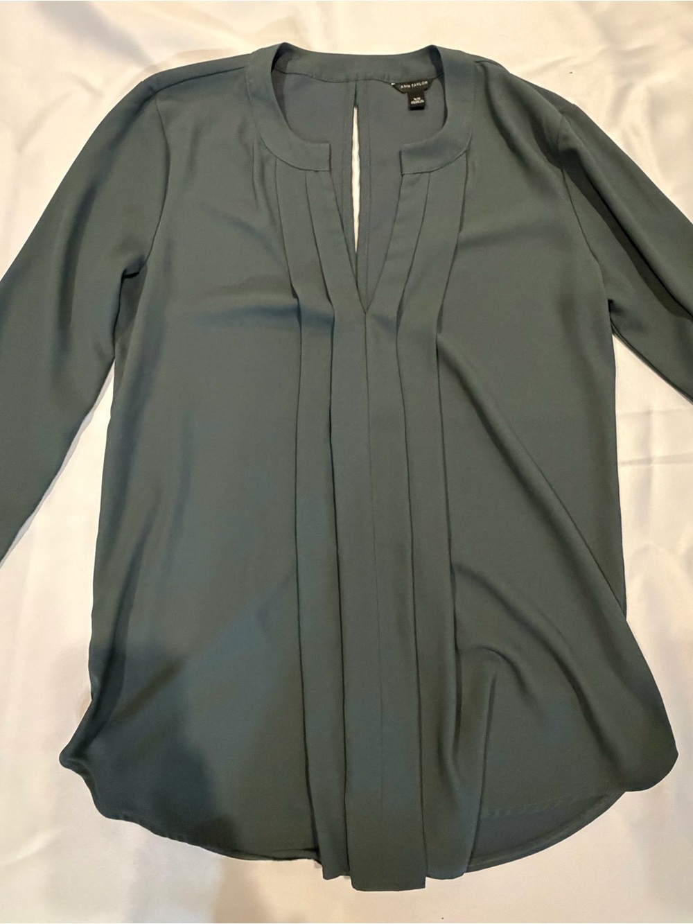 Ann Taylor Moss Green Pintuck Split-Neck Blouse
